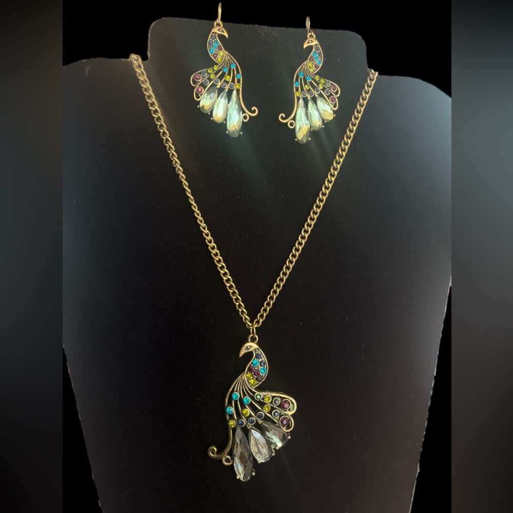 Jeweled peacock necklace & earring set.